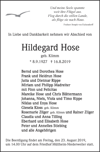 Traueranzeige von Hildegard Hose von FZ