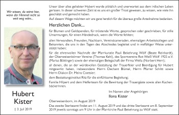 Traueranzeige von Hubert Kister von FZ
