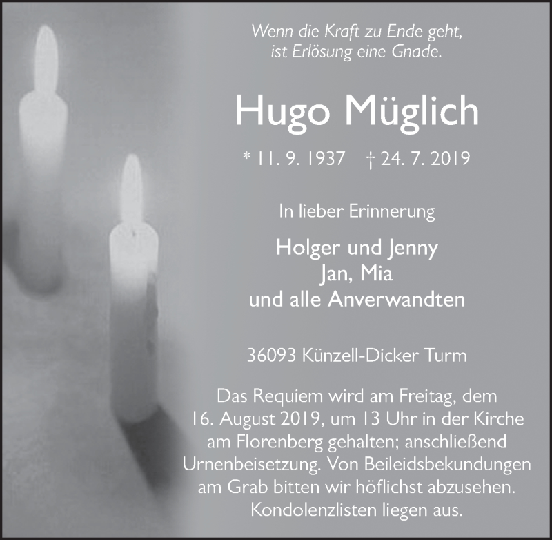  Traueranzeige für Hugo Müglich vom 12.08.2019 aus FZ