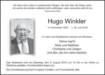 Traueranzeige von Hugo Winkler von FZ