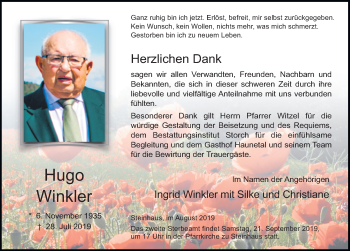 Traueranzeige von Hugo Winkler von FZ