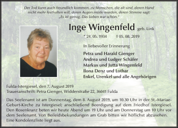 Traueranzeige von Inge Wingenfeld von FZ