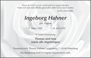 Traueranzeige von Ingeboerg Hahner von FZ
