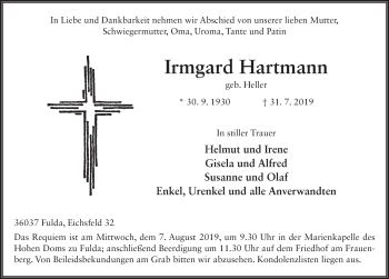 Traueranzeige von Irmgard Hartmann von FZ