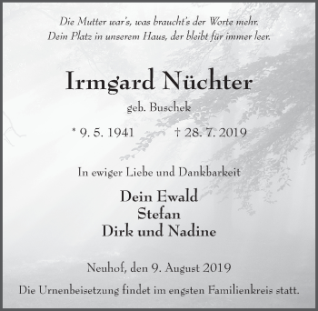 Traueranzeige von Irmgard Nüchter von FZ