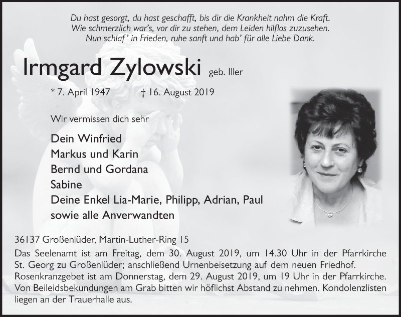  Traueranzeige für Irmgard Zylowski vom 27.08.2019 aus FZ