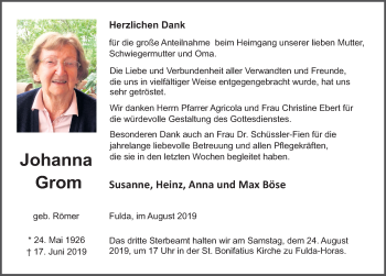 Traueranzeige von Johanna Grom von FZ