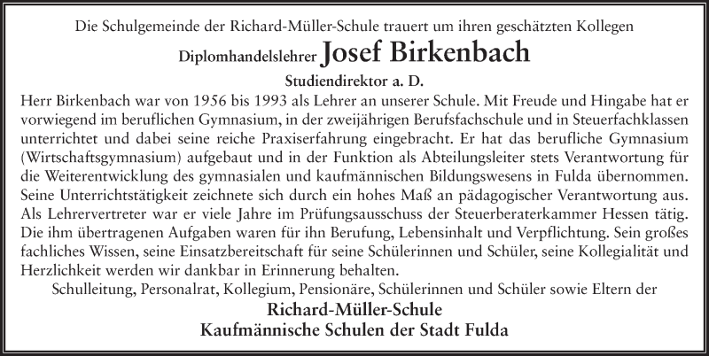  Traueranzeige für Josef Birkenbach vom 01.08.2019 aus FZ