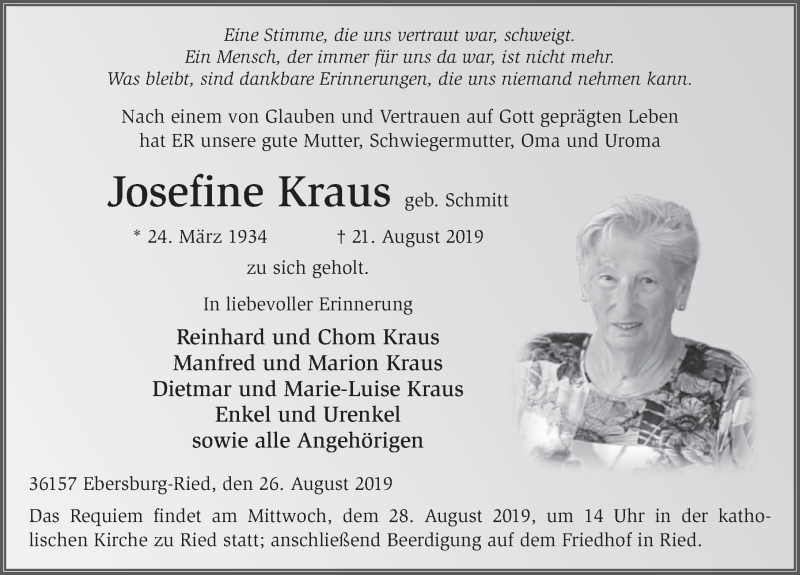  Traueranzeige für Josefine Kraus vom 26.08.2019 aus FZ