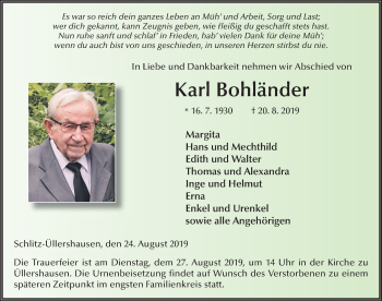 Traueranzeige von Karl Bohländer von FZ