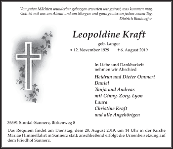 Traueranzeige von Leopoldine Kraft von FZ