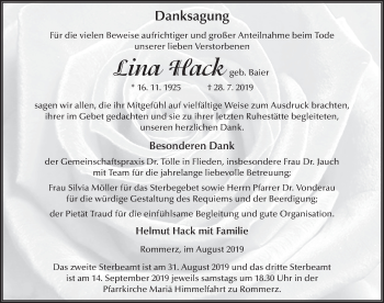 Traueranzeige von Lina Hack von FZ