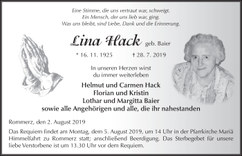Traueranzeige von Lina Hack von FZ