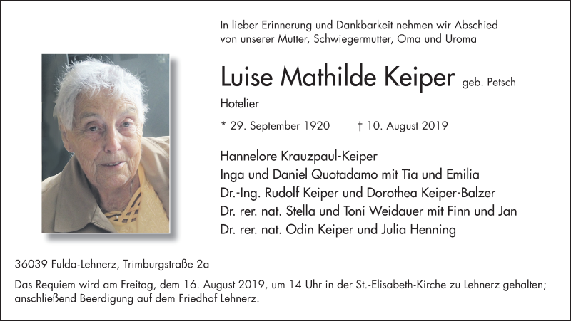  Traueranzeige für Luise Mathilde Keiper vom 14.08.2019 aus FZ