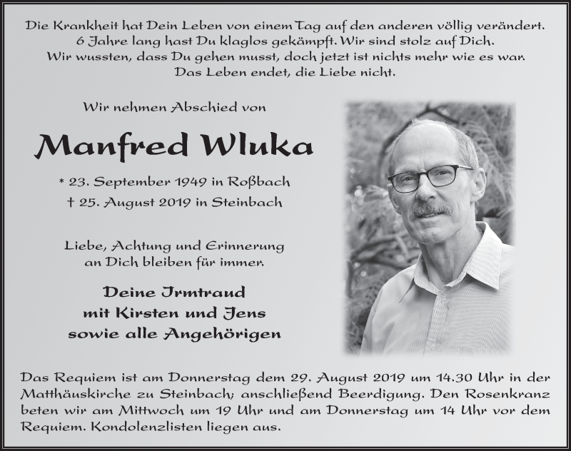  Traueranzeige für Manfred Wluka vom 27.08.2019 aus FZ
