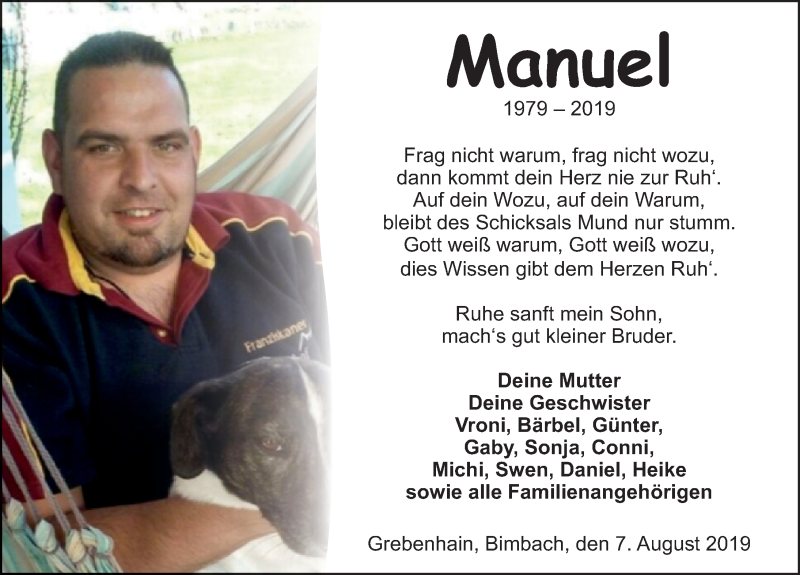  Traueranzeige für Manuel Brähler vom 07.08.2019 aus FZ