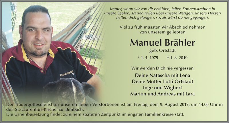  Traueranzeige für Manuel Brähler vom 07.08.2019 aus FZ