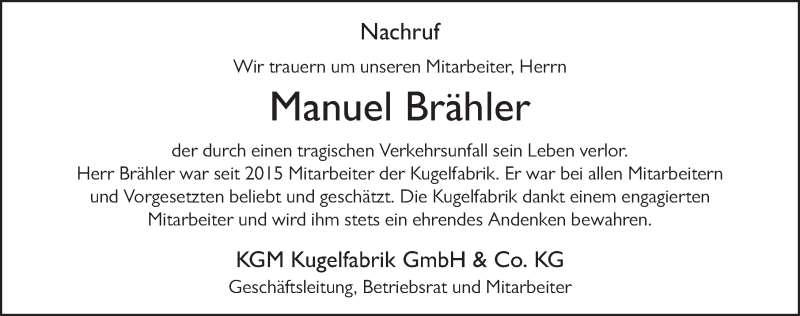  Traueranzeige für Manuel Brähler vom 07.08.2019 aus FZ