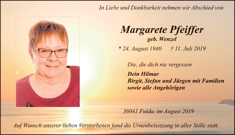  Traueranzeige für Margarete Pfeiffer vom 08.08.2019 aus FZ
