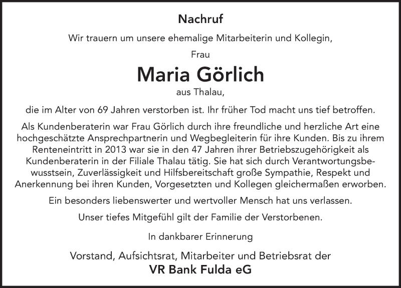  Traueranzeige für Maria Görlich vom 09.08.2019 aus FZ