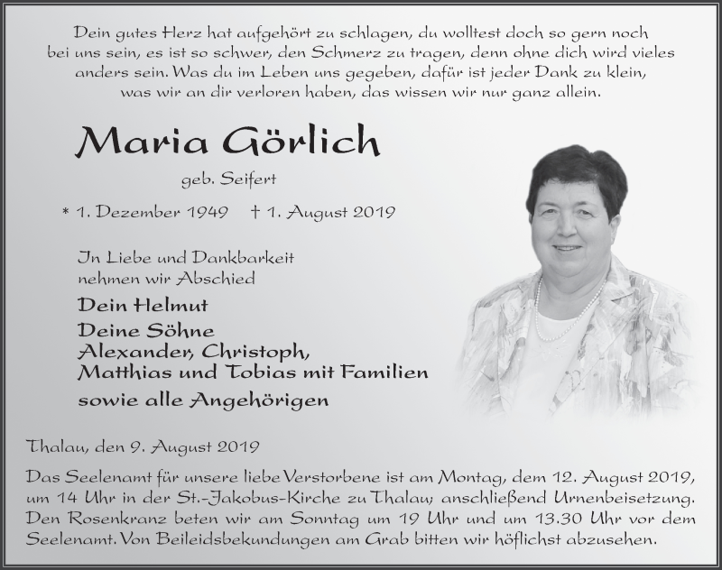  Traueranzeige für Maria Görlich vom 09.08.2019 aus FZ