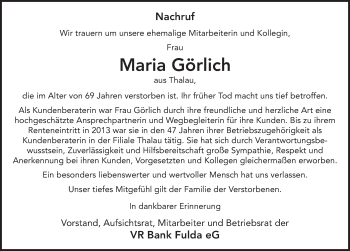 Traueranzeige von Maria Görlich von FZ