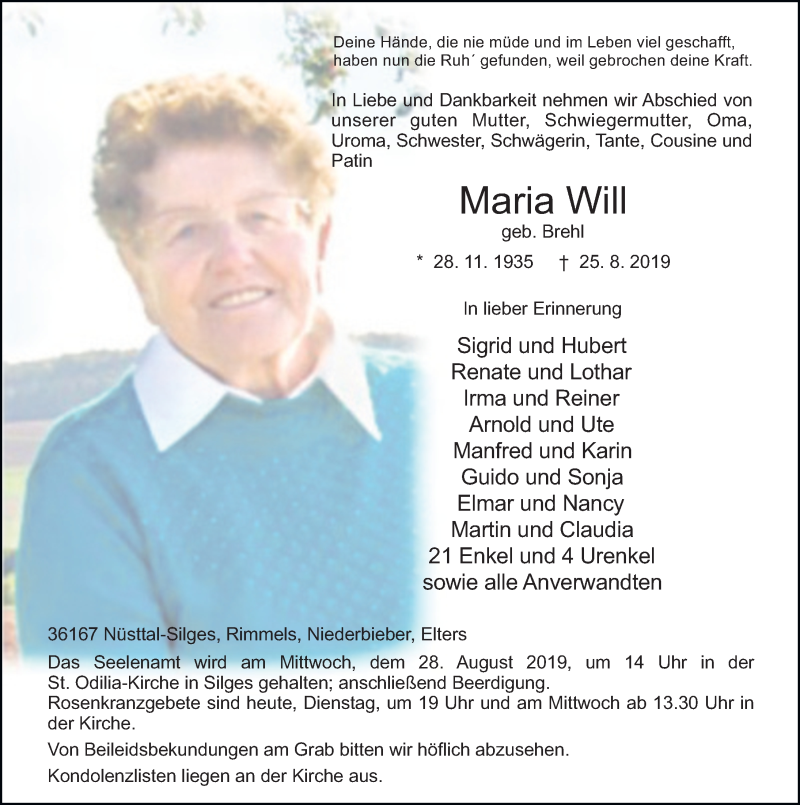  Traueranzeige für Maria Will vom 27.08.2019 aus FZ