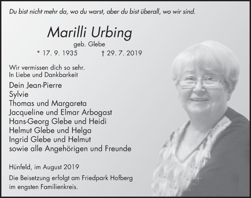  Traueranzeige für Marilli Urbing vom 10.08.2019 aus FZ