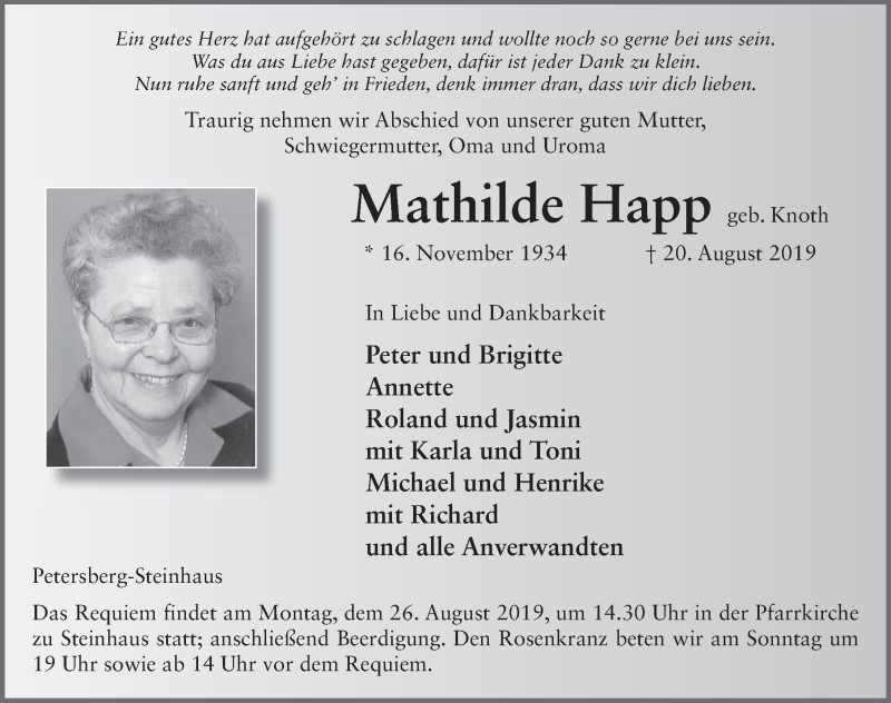  Traueranzeige für Mathilde Happ vom 23.08.2019 aus FZ