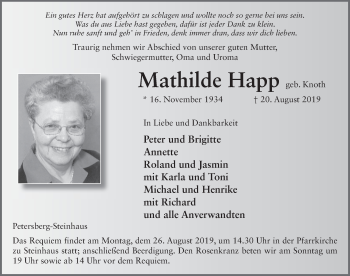 Traueranzeige von Mathilde Happ