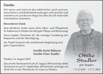 Traueranzeige von Ottilie Stadler von FZ