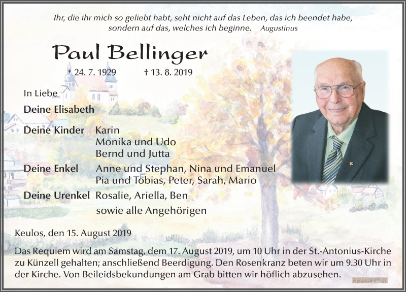  Traueranzeige für Paul Bellinger vom 15.08.2019 aus FZ