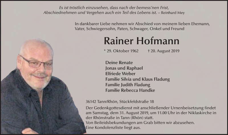  Traueranzeige für Rainer Hofmann vom 26.08.2019 aus FZ