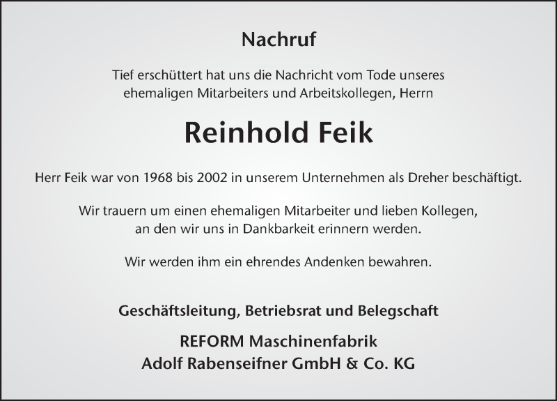  Traueranzeige für Reinhold Feik vom 13.08.2019 aus FZ