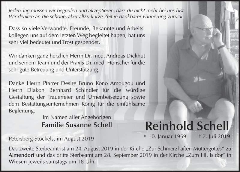  Traueranzeige für Reinhold Schell vom 16.08.2019 aus FZ