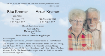 Traueranzeige von Rita und Artur Kremer von FZ