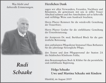 Traueranzeige von Rudi Schaake von FZ