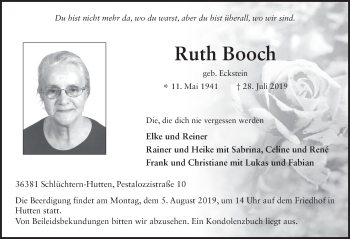 Traueranzeige von Ruth Booch von FZ