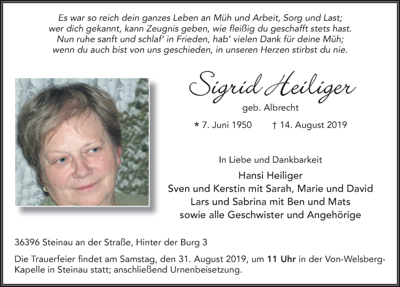  Traueranzeige für Sigrid Heiliger vom 29.08.2019 aus FZ