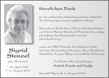Traueranzeige von Sigrid Stenzel von FZ