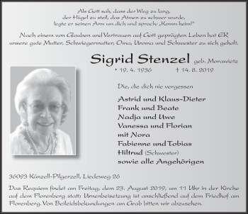 Traueranzeige von Sigrid Stenzel von FZ