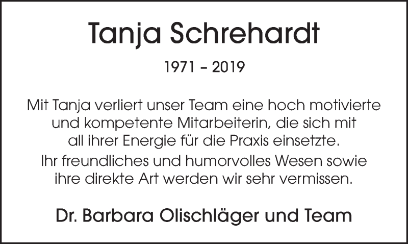  Traueranzeige für Tanja Schrehardt vom 24.08.2019 aus FZ