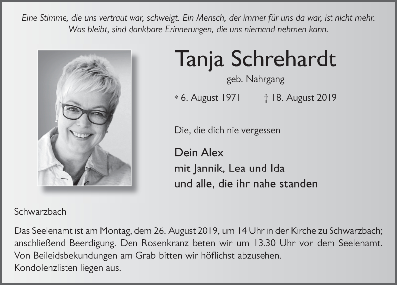  Traueranzeige für Tanja Schrehardt vom 23.08.2019 aus FZ