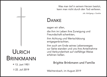 Traueranzeige von Ulrich Brinkmann von FZ