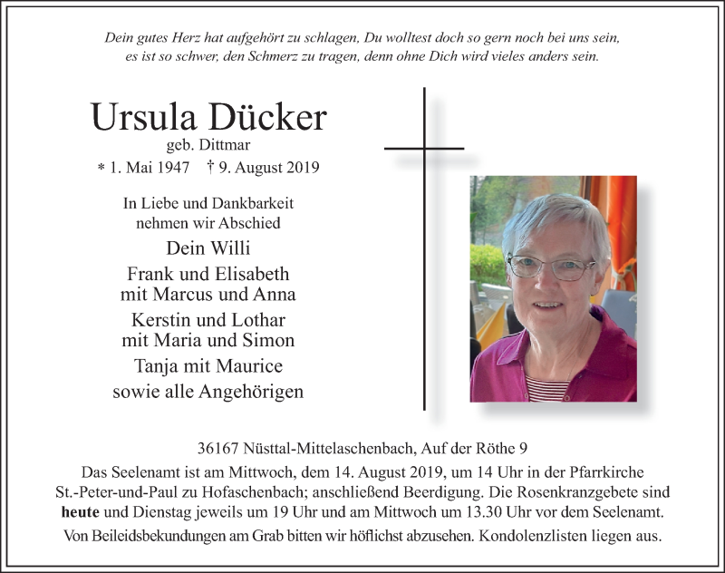  Traueranzeige für Ursula Dücker vom 12.08.2019 aus FZ