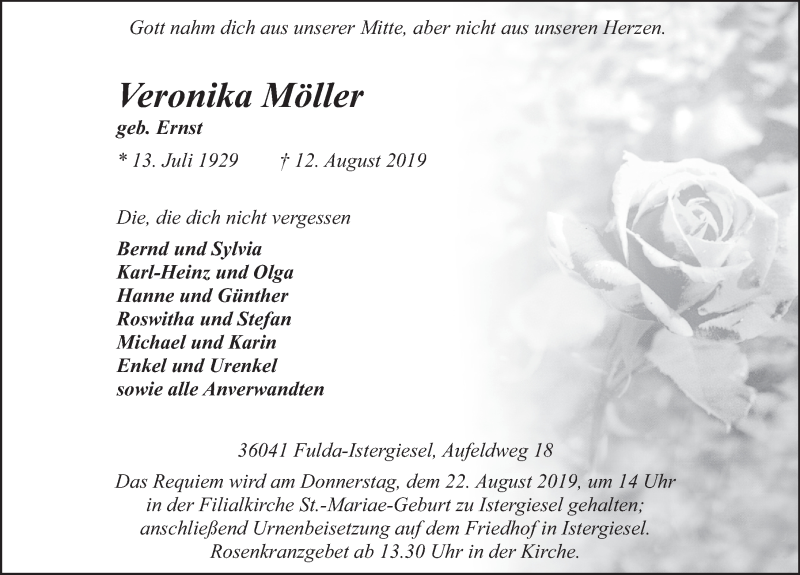  Traueranzeige für Veronika Möller vom 16.08.2019 aus FZ