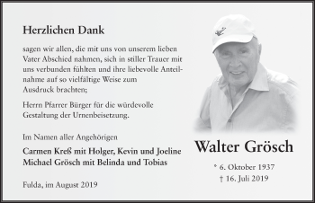 Traueranzeige von Walter Grösch von FZ