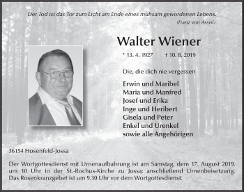 Traueranzeige von Walter Wiener von FZ