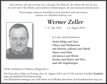 Traueranzeige von Werner Zeller von FZ