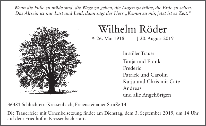  Traueranzeige für Wilhelm Röder vom 29.08.2019 aus FZ
